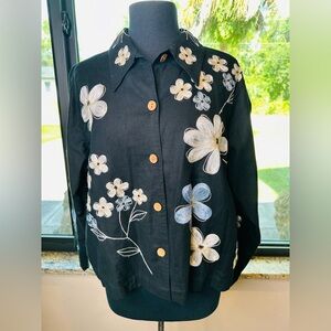 Studio Works Woman Floral Embroidered Linen Blend Black Jacket Size 1X